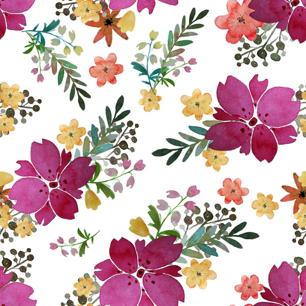 Romantic floral seamless pattern with flowers and leaf. Print for textile wallpaper endless. Hand-drawn watercolor elements. Beauty bouquets. Pink, yellow. green. orange on white background. — Stock Photo, Image