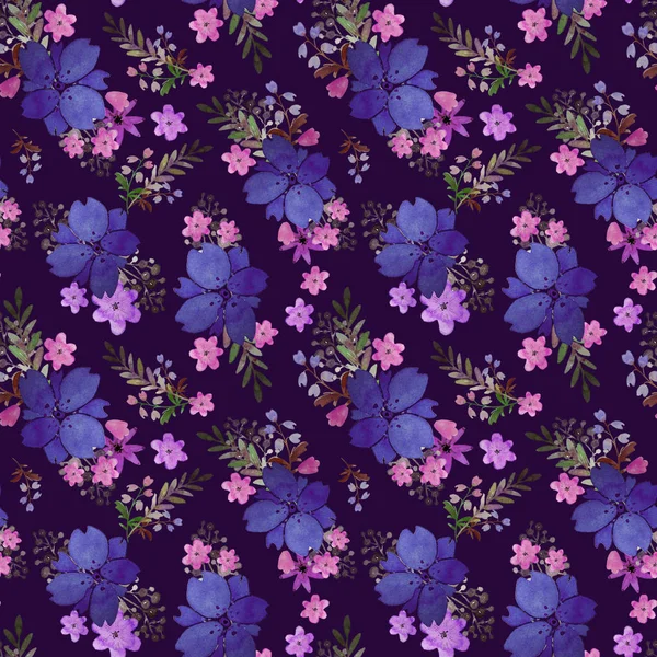 花と葉を持つロマンチックな花柄シームレス パターン。無限の織物壁紙の印刷します。手描き水彩の要素。美しさの花束。ピンク、ブルー。グリーン。暗い背景にピンクします。. — ストック写真