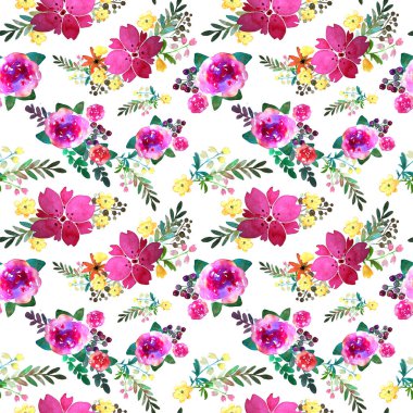 Gül çiçek ve yaprak ile romantik çiçek seamless modeli. Baskı Tekstil duvar kağıdı sonsuz için. Suluboya öğeleri elle çizilmiş. Güzellik buketleri. Pembe, kırmızı. beyaz zemin üzerine yeşil.