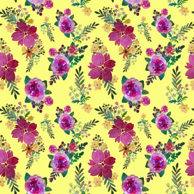 Gül çiçek ve yaprak ile romantik çiçek seamless modeli. Baskı Tekstil duvar kağıdı sonsuz için. Suluboya öğeleri elle çizilmiş. Güzellik buketleri. Pembe, kırmızı. Sarı zemin üzerine yeşil.