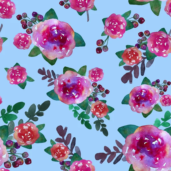 バラの花と葉のロマンチックな花のシームレスなパターン。無限の織物壁紙の印刷します。手描き水彩の要素。美しさの花束。ピンク、赤。青の背景にグリーン. — ストック写真