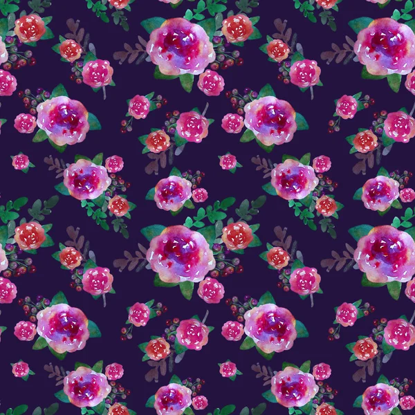 장미 꽃과 잎 로맨틱 꽃 완벽 한 패턴입니다. 끝 없는 섬유 벽지에 대 한 인쇄. 손-그린 수채화 요소입니다. 뷰티 부케입니다. 핑크, 레드입니다. 어두운 배경에 녹색. — 스톡 사진