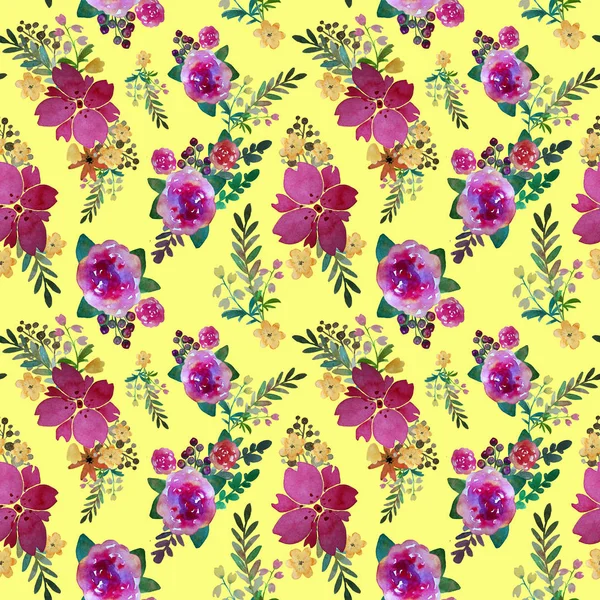 Romantic floral seamless pattern with rose flowers and leaf. Print for textile wallpaper endless. Hand-drawn watercolor elements. Beauty bouquets. Pink, red. green on yellow background. — Stock Photo, Image