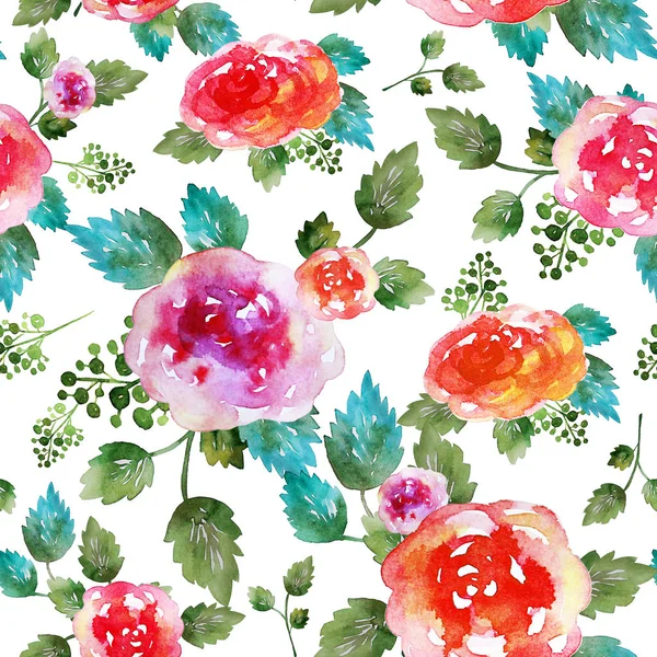 バラの花と葉ヴィンテージ花柄シームレス パターン。無限の織物壁紙の印刷します。手描き水彩の要素。美しさの花束。ピンク、赤。白い背景の上の緑. — ストック写真