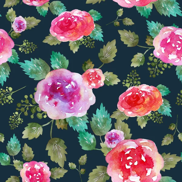 Vintage floral seamless pattern with rose flowers and leaf. Print for textile wallpaper endless. Hand-drawn watercolor elements. Beauty bouquets. Pink, red. green on dark background. — Stock Photo, Image