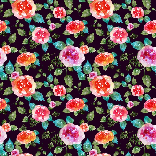Vintage florales nahtloses Muster mit Rosenblüten und Blättern. Druck für Textiltapeten endlos. handgezeichnete Aquarellelemente. Schönheitssträuße. rosa, rot. grün auf dunklem Hintergrund. — Stockfoto