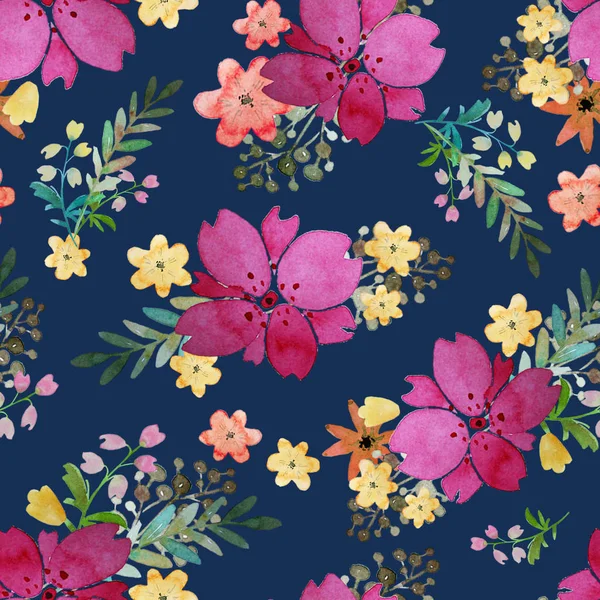 Romantic floral seamless pattern with rose flowers and leaf. Print for textile wallpaper endless. Hand-drawn watercolor elements. Beauty bouquets. Pink, red. green on blue background. — Stock Photo, Image