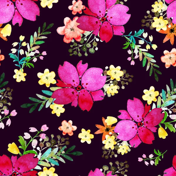 バラの花と葉のロマンチックな花のシームレスなパターン。無限の織物壁紙の印刷します。手描き水彩の要素。美しさの花束。ピンク、赤。紫色の背景グリーン. — ストック写真