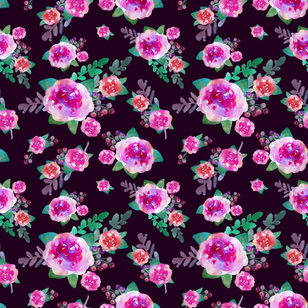 장미 꽃과 잎 빈티지 꽃 완벽 한 패턴입니다. 끝 없는 섬유 벽지에 대 한 인쇄. 손-그린 수채화 요소입니다. 뷰티 부케입니다. 핑크, 레드입니다. 보라색 배경에 녹색. — 스톡 사진