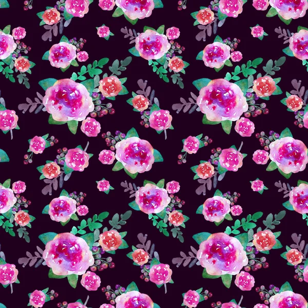 Patrón floral vintage sin costuras con flores de rosas y hojas. Impresión para papel tapiz textil sin fin. Elementos de acuarela dibujados a mano. Ramos de belleza. Rosa, rojo. verde sobre fondo violeta . —  Fotos de Stock