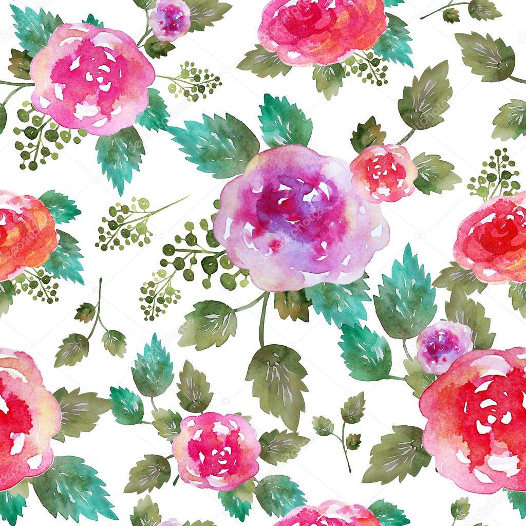 Vintage floral seamless pattern with rose flowers and leaf. Print for textile wallpaper endless. Hand-drawn watercolor elements. Beauty bouquets. Pink, red. green on white background.