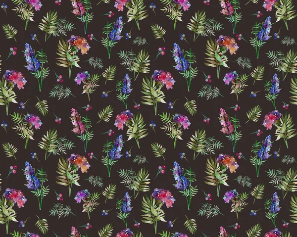 Vintage floral herbs seamless pattern with forest flowers and leaf. Print for textile wallpaper endless. Hand-drawn watercolor elements. Beauty bouquets. Pink, red. green on dark background. — Stock Photo, Image