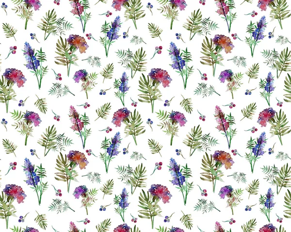 Vintage floral herbs seamless pattern with forest flowers and leaf. Print for textile wallpaper endless. Hand-drawn watercolor elements. Beauty bouquets. Pink, red. green on white background. — Stock Photo, Image