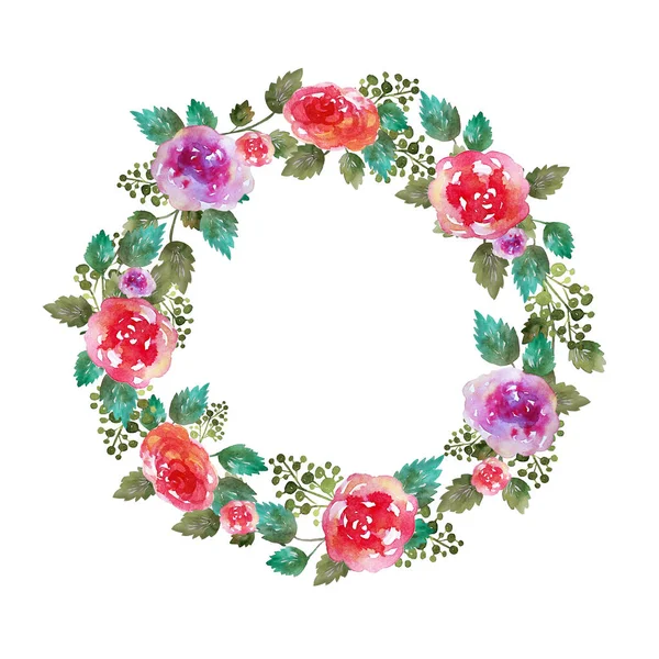 老式的花环婚礼框架与月季花和叶。贺卡。手绘水彩元素。装饰的插图。粉红色，红色。白色背景上绿色. — 图库照片