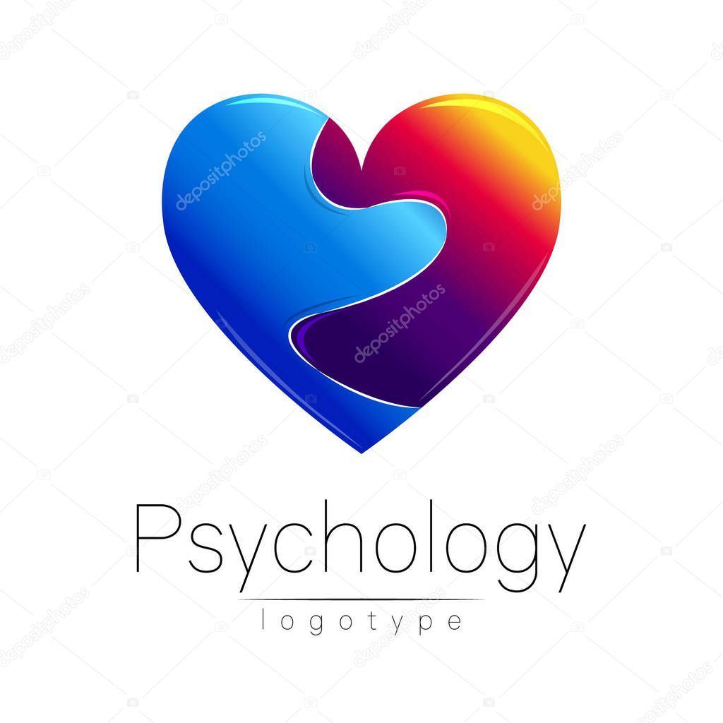 Modern logo of Psychology. Broken heart. . Creative style. Logotype in vector. Design concept. Brand company. Blue and grief red color on white background. Symbol for web, print, card, flyer. Loss