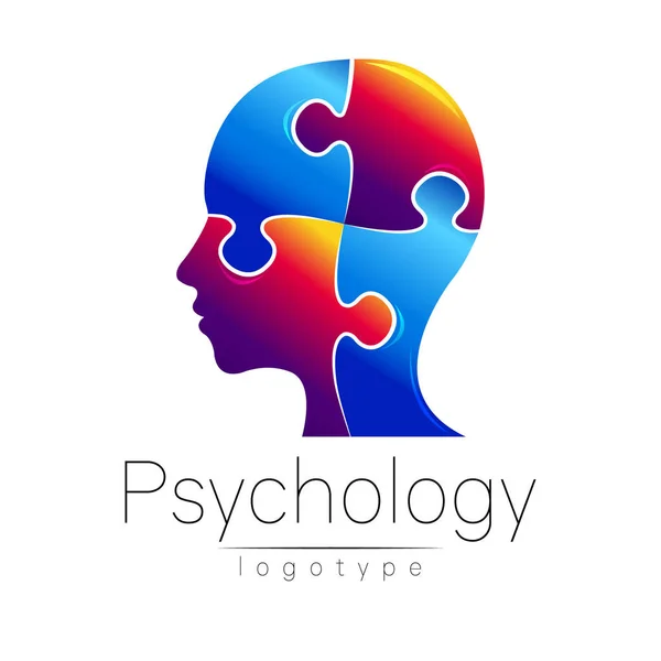 Moderní hlavy puzzle logo psychologie. Profil člověka. Kreativní styl. Logotyp ve vektoru. Koncepce designu. Značka společnosti. Modrá barva izolovaných na bílém pozadí. Symbol pro web, tisk, karta, leták. — Stockový vektor