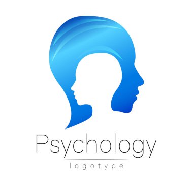 Modern baş logo psikoloji. Profil insan. Yaratıcı tarzı. Logo vektör. Tasarım konsepti. Marka şirket. Beyaz arka plan üzerinde izole mavi renk. Web, baskı, kart, el ilanı simgesi.