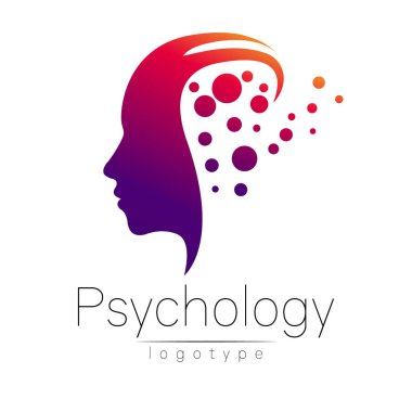 Modern baş logo psikoloji. Profil insan. Yaratıcı tarzı. Logo vektör. Tasarım konsepti. Marka şirket. Beyaz arka plan üzerinde izole mor kırmızı renk. Web, baskı, kart, el ilanı simgesi.