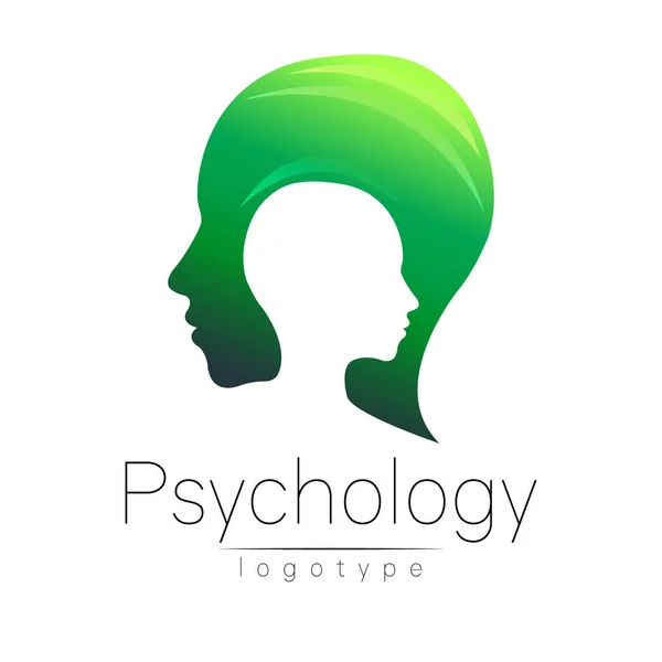 Modern baş logo psikoloji. Profil insan. Yaratıcı tarzı. Logo vektör. Tasarım konsepti. Marka şirket. Beyaz arka plan üzerinde izole yeşil sarı renk. Web, baskı, kart, el ilanı simgesi.