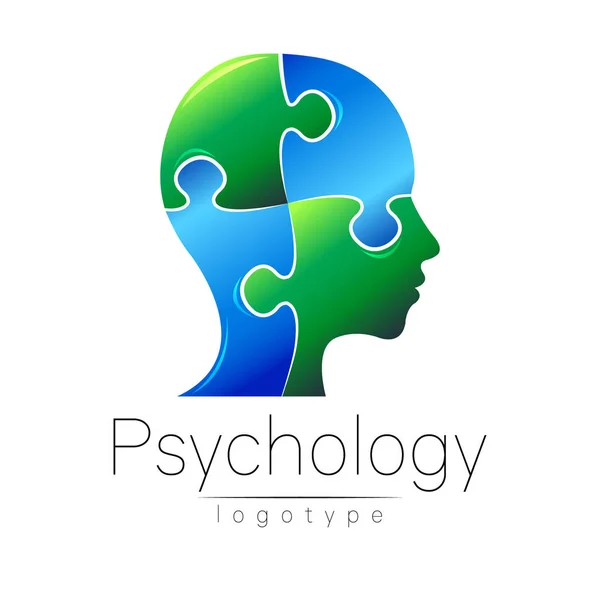 Moderní hlavy puzzle logo psychologie. Profil člověka. Kreativní styl. Logotyp ve vektoru. Koncepce designu. Značka společnosti. Modrá zelená barva izolovaných na bílém pozadí. Symbol pro web, tisk, karta — Stockový vektor