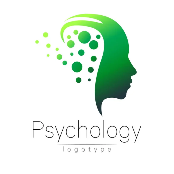 Logotipo moderno da Psicologia. Perfil Humano. Estilo criativo. Logotipo em vector. Conceito de design. Empresa de marca. Cor verde isolado no fundo branco. Símbolo para web, impressão, cartão, folheto . —  Vetores de Stock