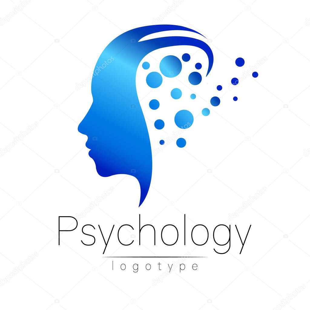 Modern head logo of Psychology. Profile Human. Creative style. Logotype in vector. Design concept. Brand company. Blue color isolated on white background. Symbol for web, print, card. Keyhole