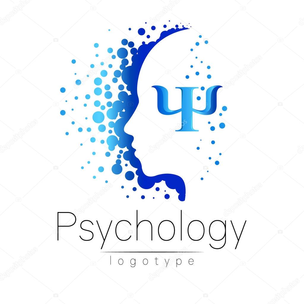 Modern head logo of Psychology. Profile Human. Creative style. Logotype in vector. Design concept. Brand company. Blue color isolated on white background. Symbol for web, print