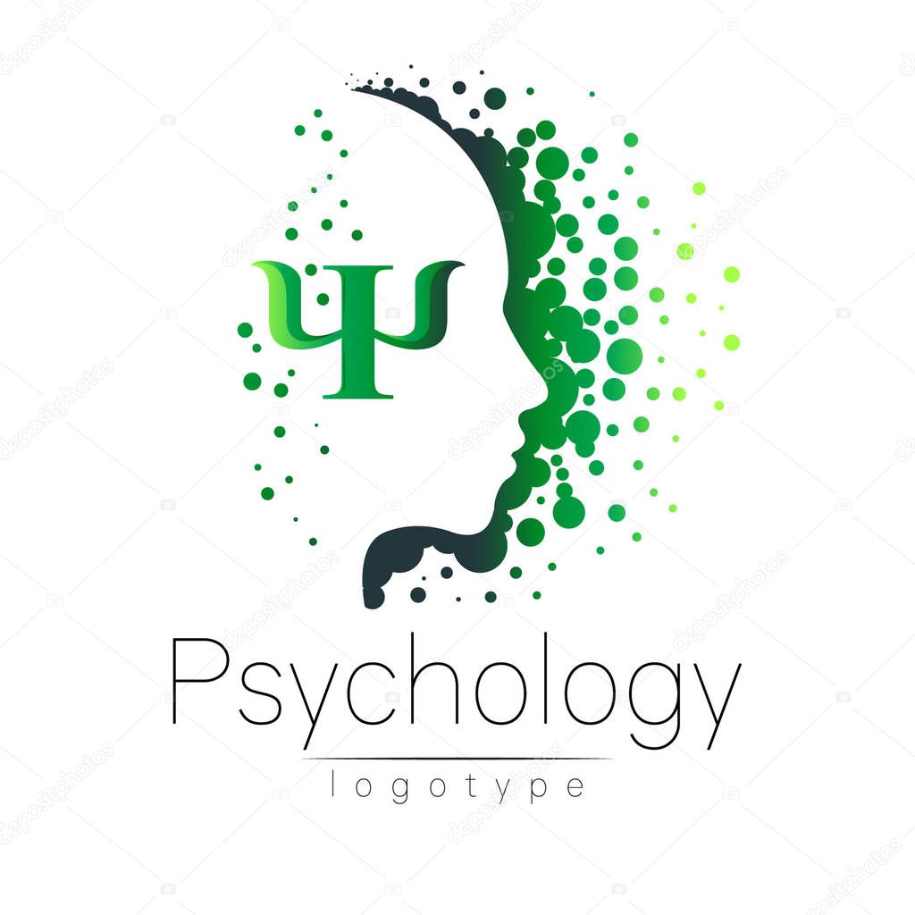 Modern head logo of Psychology. Profile Human. Creative style. Logotype in vector. Design concept. Brand company. Green color isolated on white background. Symbol for web, print