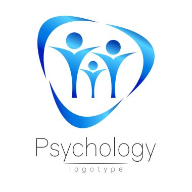 Modern aile logo psikoloji. İnsanlar bir daire içinde. Yaratıcı tarzı. Logo vektör. Tasarım konsepti. Marka şirket. Beyaz arka plan üzerinde izole mavi renk. Web, baskı, kart, el ilanı simgesi.
