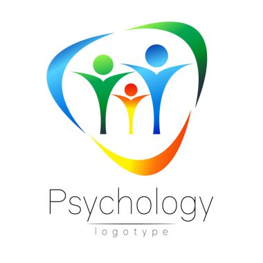 Modern aile logo psikoloji. İnsanlar bir daire içinde. Yaratıcı tarzı. Logo vektör. Tasarım konsepti. Marka şirket. Beyaz arka plan üzerinde izole mavi yeşil turuncu renk. Web, baskı simgesi