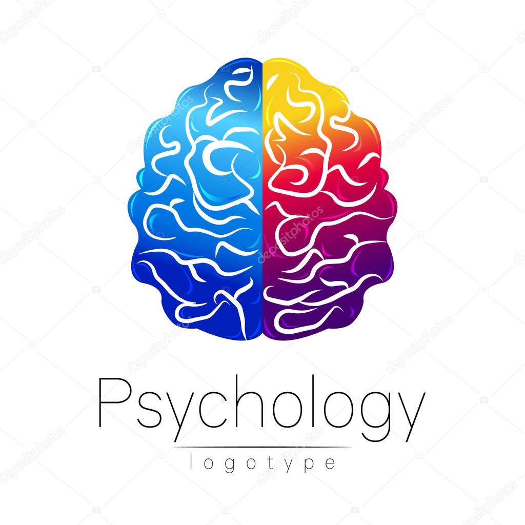 Modern Brain logo of Psychology. Human. Creative style. Logotype in vector. Design concept. Brand company. Blue violet left right color isolated on white background. Symbol for web, print, card. Mind