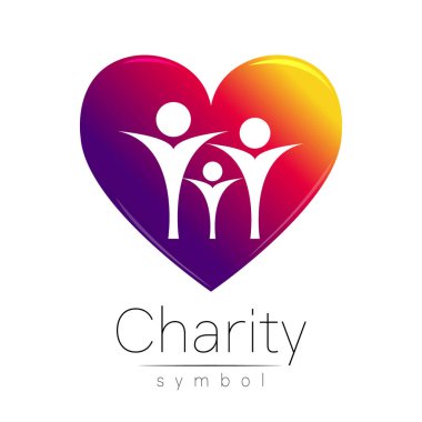 Vektör çizim. Beyaz arka plan üzerinde izole Charity.Sign insanlar kalp sembolü. Menekşe simgesini şirket, web, kartı. Modern parlak öğesi. Yardım çocuklar kampanya yetimler. Aile