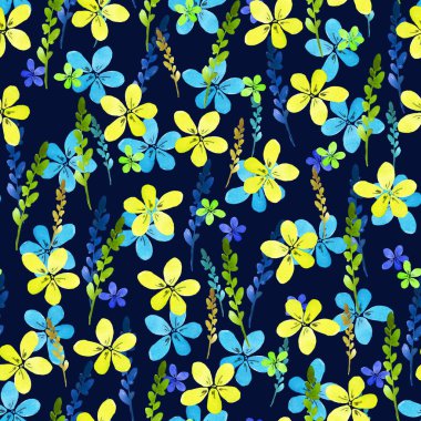 Suluboya mavi sarı çiçek ve vintage tarzı yapraklarda arka plan ile sorunsuz çiçek desenli. . El yapımı. Tekstil, kumaş için süslü. Doğa illüstrasyon. Resim öğeleri.