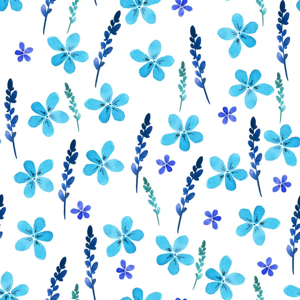 Nahtloses Blumenmuster mit aquarellblauen Blüten und Blättern im Vintage-Stil. Handgemacht. kunstvoll für Textilien, Stoffe, Tapeten. Naturillustration. Malelemente. — Stockfoto