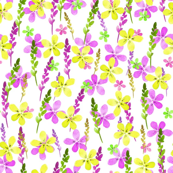 원활한 수채화 노란색 분홍색 꽃과 흰색 바탕에 빈티지 스타일에 잎과 꽃 패턴입니다. . 만든 핸드입니다. 섬유, 직물, 벽지에 대 한 화려한. 자연 그림입니다. 그림 요소. — 스톡 사진