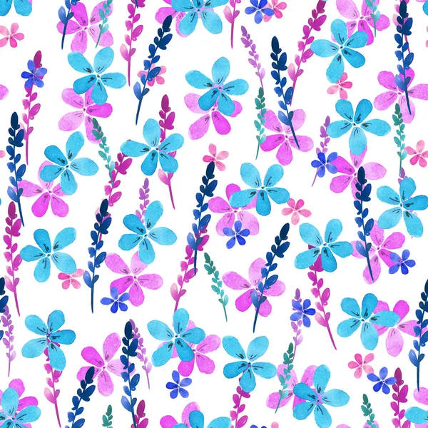 Nahtloses Blumenmuster mit blaurosa Blüten und Blättern im Vintage-Stil auf weißem Hintergrund. . Handgemacht. kunstvoll für Textilien, Stoffe, Tapeten. Naturillustration. Malelemente. — Stockfoto