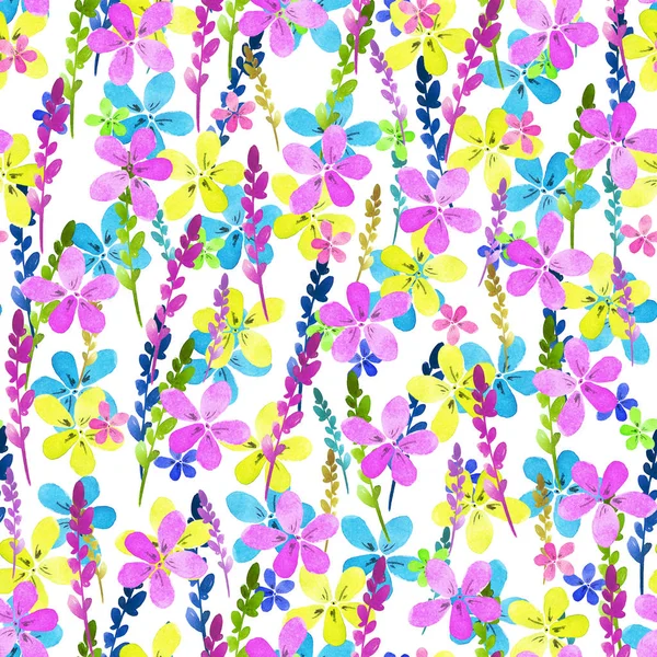 Nahtloses Blumenmuster mit blaurosa gelben Blüten und Blättern im Vintage-Stil auf weißem Hintergrund. . Handgemacht. kunstvoll für Textilien, Stoff. Naturillustration. Malelemente. — Stockfoto
