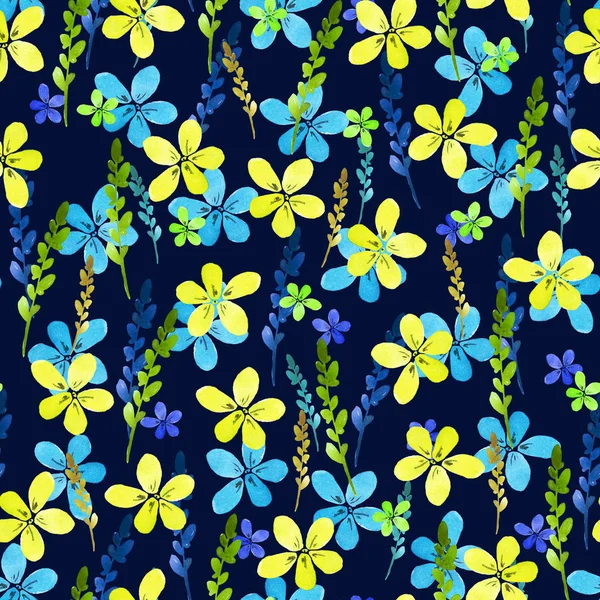 Nahtloses Blumenmuster mit blaugelben Blüten und Blättern im Vintage-Stil auf Hintergrund. . Handgemacht. kunstvoll für Textilien, Stoff. Naturillustration. Malelemente. — Stockfoto