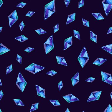 Watercolor illustration of diamond crystals - seamless pattern. Print for textile, fabric, wallpaper. Hand made painting. Jewel on dark background. Unusual modern ornate design. clipart
