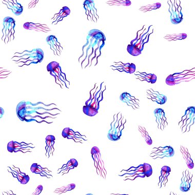 Elle çizilmiş denizanası. Sulu Boya desen. Deniz sorunsuz öğesi. Beyaz arka plan üzerinde tasarım. Modern ve sıradışı. Tekstil, kumaş duvar kağıdı. Mavi pembe mor