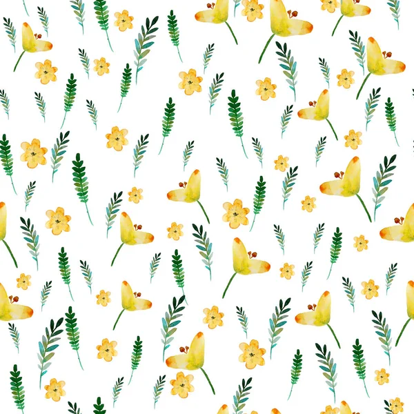 Sömlös blommönster med akvarell gula blommor och blad i vintagestil. Handgjorda. Utsmyckade för textil-, väv-, tapeten. Karaktär illustration. Måla element. — Stockfoto