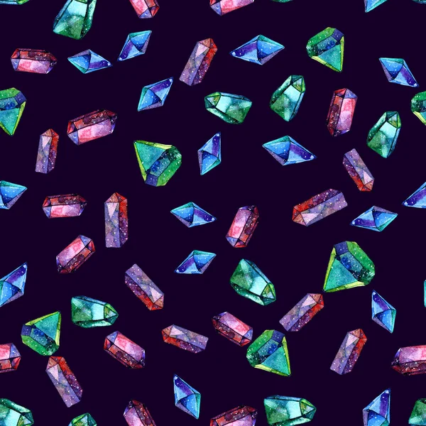 Ilustración de acuarela de cristales de diamante - patrón sin costura. Impresión para textil, tela, papel pintado. Pintura hecha a mano. Joya sobre fondo oscuro. Diseño ornamentado moderno inusual . — Foto de Stock