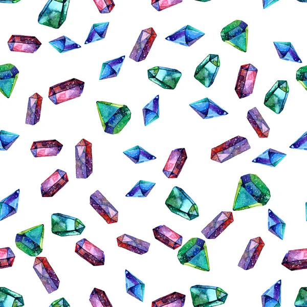 Aquarel illustratie van diamant kristallen - naadloze patroon. Afdrukken voor textiel, stof, behang. Handgemaakte schilderij. Juweel op witte achtergrond. Ongebruikelijke moderne sierlijke ontwerp. — Stockfoto