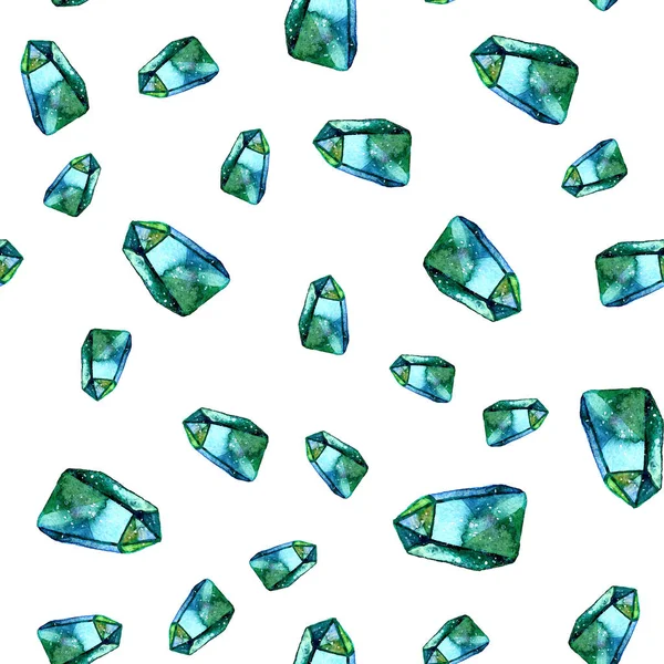 Akvarell illustration av diamond kristaller - sömlösa mönster. Skriv ut för textil-, väv-, tapeten. Handgjorda målning. Jewel på vit bakgrund. Ovanlig moderna utsmyckade design. — Stockfoto