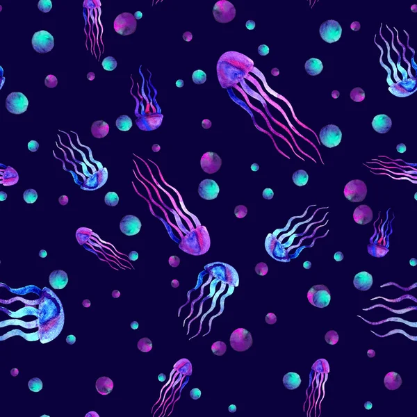 Hand drawn jellyfish. Watercolor pattern. Sea seamless element. Design on dark background. Unusual and modern. For textile, fabric wallpaper. Blue pink violet