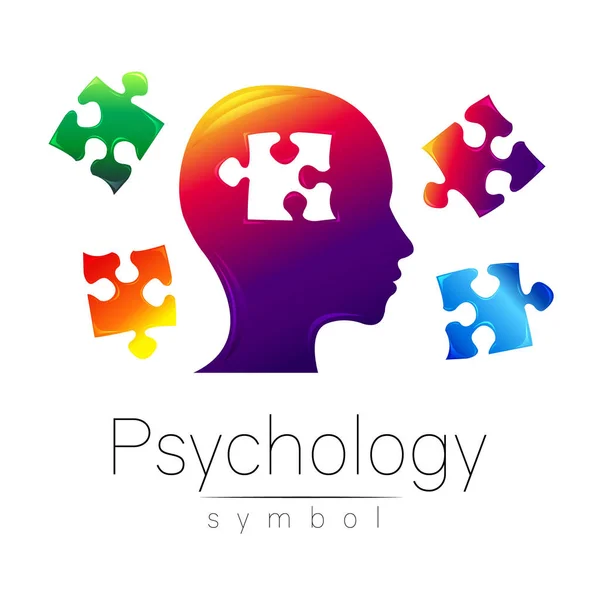 Modernes Hauptzeichen der Psychologie. Puzzle. Profil Mensch. kreativen Stil. Symbol im Vektor. Designkonzept. Markenunternehmen. violette Farbe isoliert auf weißem Hintergrund. Symbol für Web, Print — Stockvektor