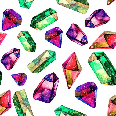 Watercolor illustration of diamond crystals - seamless pattern. Print for textile, fabric, wallpaper. Hand made painting. Jewel on white background. Unusual modern ornate design. clipart