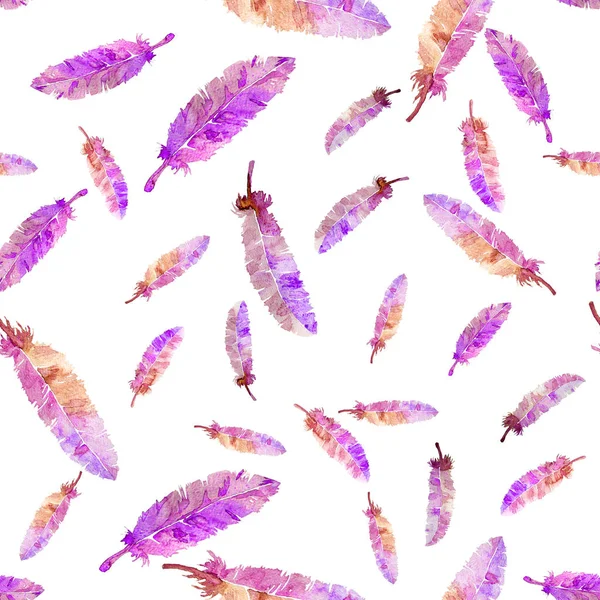 Watercolor feathers seamless pattern. Hand made element. Painting illustration. On white background. Violet pink color. Endless print wallpaper , textile. Vintage style. Modern