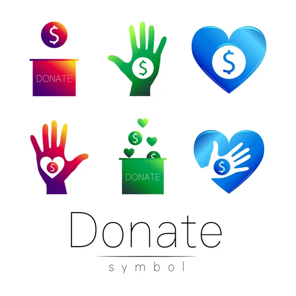 Icono de signo de donación Set. Donar caja de dinero, mano, corazón. Caridad o símbolo de dotación. Ayuda humana. sobre fondo blanco. Vector.Violeta verde azul . — Vector de stock