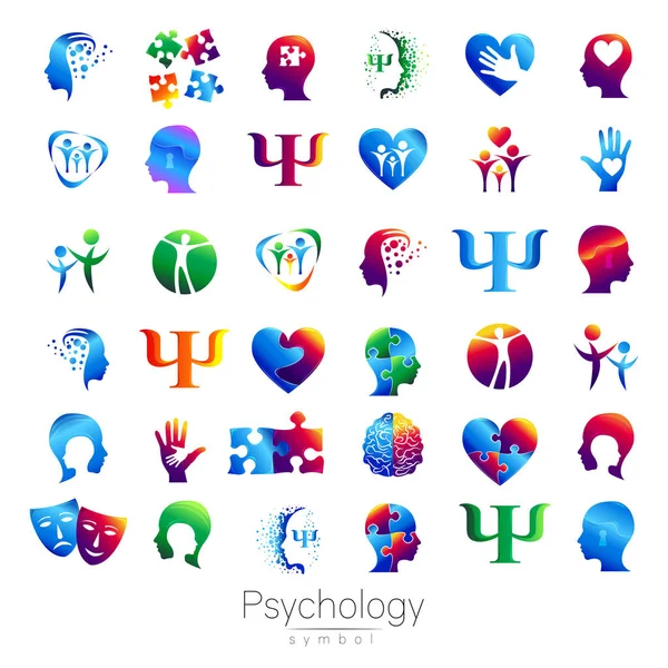 Modern head sign Set of Psychology. Profile Human. Creative style. Symbol in vector. Design concept. Brand company. Green orange blue violet color isolated on white background. Icon for web, print — Stock Vector